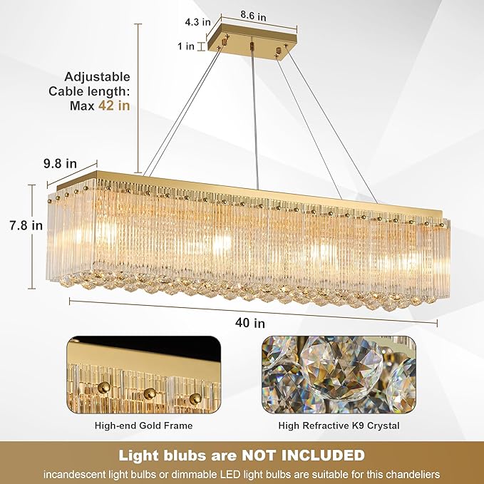 Gold 40 Inches Chandeliers for Dining Room, Modern Chandelier for Living Room, Island Light, Light Fixture for Entryway, Foyer, 8 Bulbs(Not Inclubed), E12 Base
