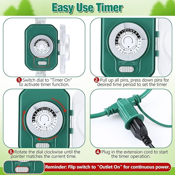 Feekoon 50FT Outdoor Extension Cord with Timer, 1 to 3 Way Extension Cord Splitter, 16AWG SJTW Heavy Duty 3 Plug Green with Multiple Outlets and Weatherproof Covers for Halloween Christmas