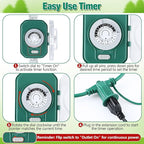 Feekoon 20FT Outdoor Extension Cord with Timer, 1 to 3 Way Extension Cord Splitter, 16AWG SJTW Heavy Duty 3 Plug Green with Multiple Outlets and Weatherproof Covers for Halloween Christmas