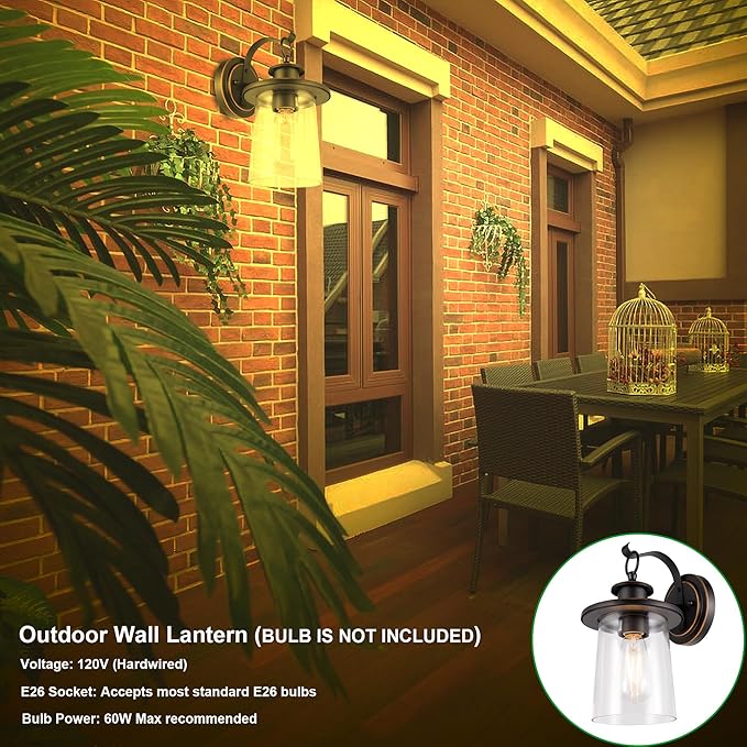 GRUENLICH Outdoor Wall Lantern, Wall Sconce as Porch Lighting Fixture, E26 Medium Base, Metal Housing Plus Clear Glass, Oil Rubbed Bronze Finish, Bulb Not Included, 1-Pack