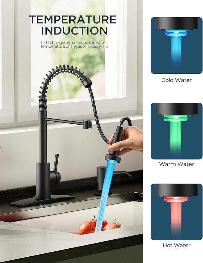 FORIOUS LED Kitchen Faucet with Pull Down Sprayer Black, Modern Single Handle Stainless Steel Commercial Spring Sink Faucet with LED Light for Pot Filler, Farmhouse Camper Bar Laundry Room