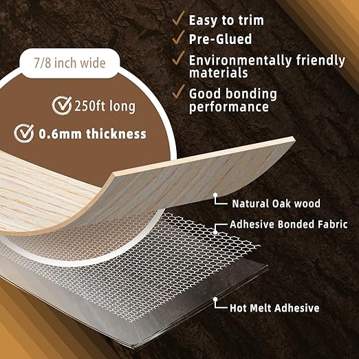 GSCIT Club Oak Edge Banding, 7/8 inch x 250ft roll of Veneer White Edge Banding Pre-glued Flexible, Real Wood Tape Banding for Cabinet Repair Furniture Restoration