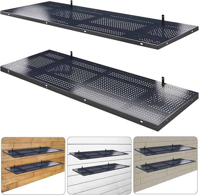 2-Pack 1.64x4ft Heavy Duty Adjustable Garage Wall Shelving, 520 lbs Load Capacity, Garage Shelving Wall Mounted, Floating Storage Rack with Hooks (Balck)