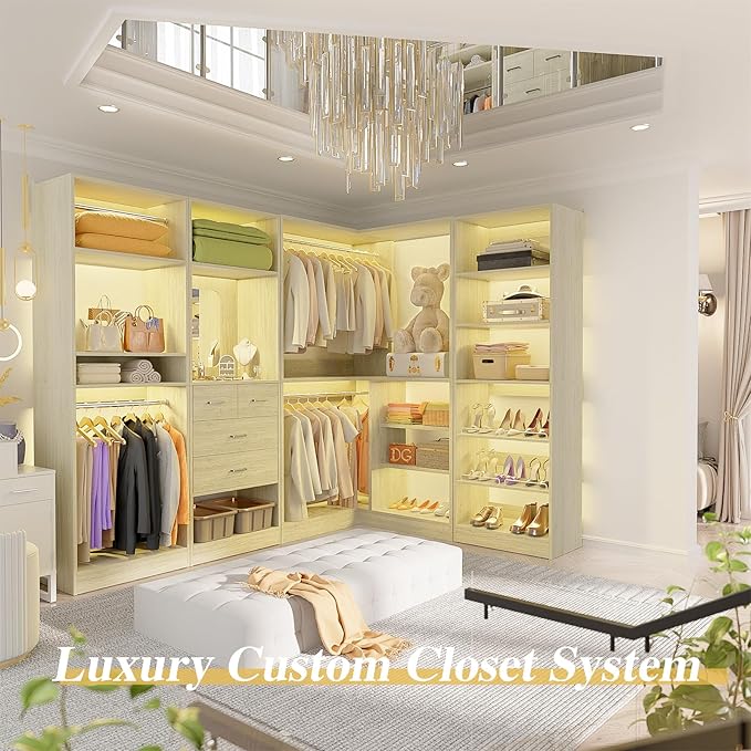 Unikito 110” Closet System with Drawers, 9.3FT Corner Closet Organizer with 4 Hanging Rod, Reversible Large Wood L Shaped Walk in Closets Wardrobe with Shoe Shelves, Set of 4, White Oak