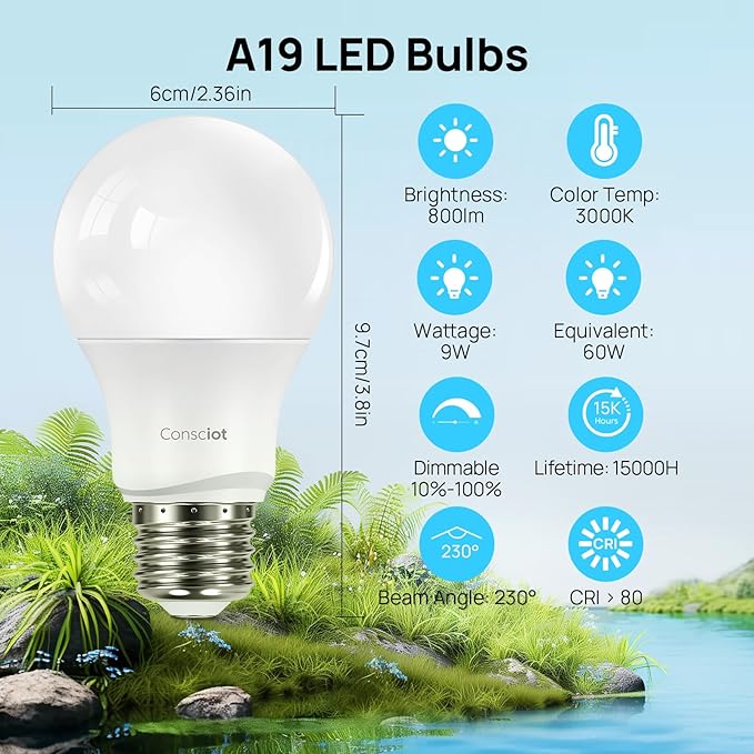Consciot A19 LED Light Bulbs Dimmable,60W Equivalent,3000K Warm White,9W 800 Lumens,E26 Standard Base,UL Listed,Lighting for Bedroom Living Room Home Office,5 Packs