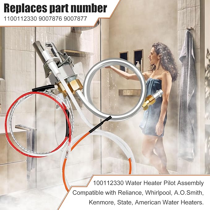 Upgrade 100112330 Water Heater Pilot Assembly, Replace 9007876 Thermopile, Compatible with 300 301 Series Whirlpool Water Heater Parts & A.O.Smith, American, State, Kenmore, Reliance