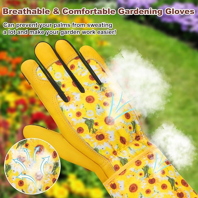 DLY Gardening Gloves for Women, Rose Gloves Gardening Thorn Proof, Long Garden Gloves for Women, Breathable Cowhide Leather Gauntlet (Small, Yellow