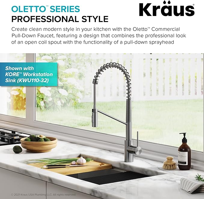 KRAUS Oletto Commercial Style Single Handle Pull Down Kitchen Faucet with QuickDock Top Mount Installation Assembly in Spot Free Stainless Steel, KPF-2631SFS