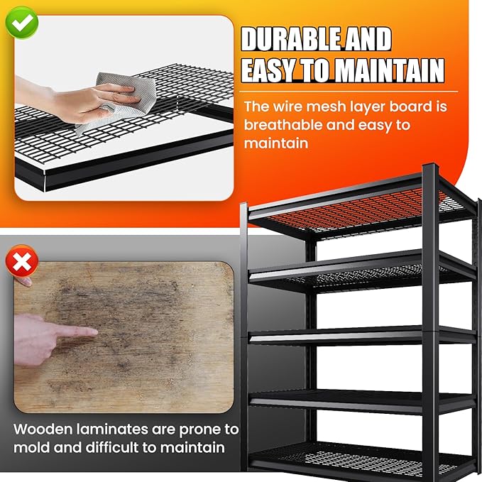 Large Garage Shelving, 5-Tier Garage Storage Shelves 3000LBS Heavy Duty Shelving Unit, Adjustable Steel Metal Shelving, Wire Shelves for Garag, Utility Rack Shelf for Basement, 81 ”H×46”W×19.7”D