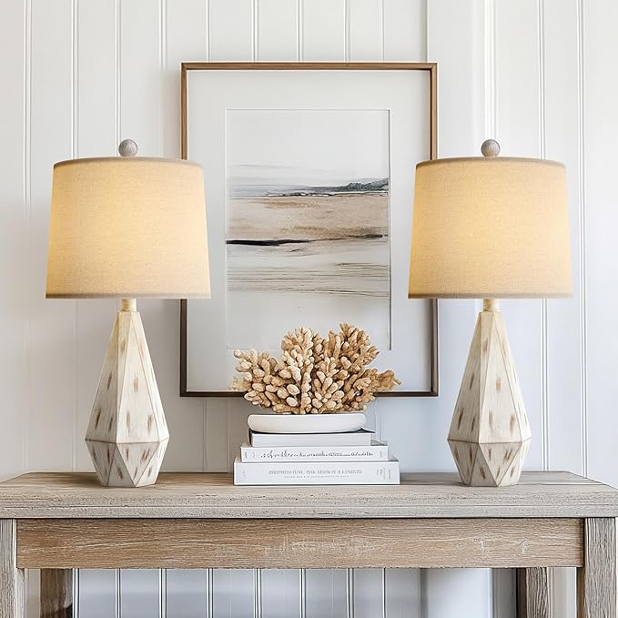 PoKat 23'' Farmhouse Table Lamps Set of 2, Beige Rustic Lamps for Living Bedroom Night Stands, Bedside Nightstands Living Room Table Lamps for End Side Table, Beige and White