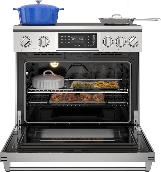 KoolMore 36 in. Professional Induction Oven Range with 11 Kw, Polished Glass Ceramic Cooktop, 7.8 Kw True Convection Oven, 6 Cu. Ft. Capacity, 240 Volts, CSA Certified in Stainless-Steel