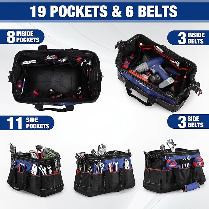 WORKPRO 16-inch Wide Mouth Tool Bag, Heavy Duty Cloth Tool Storage Bag with Water Proof Molded Base, Adjustable Shoulder Strap