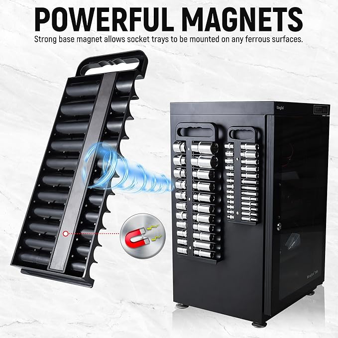 Magnetic Socket Organizer Set, 3-Piece Black Portable Magnetic Socket Holder Tray, Heavy Duty Socket Racks For 1/2-inch& 3/8-inch& 1/4-inch Drive, Hold 76 Sockets - Fit Shallow&Deep Sockets