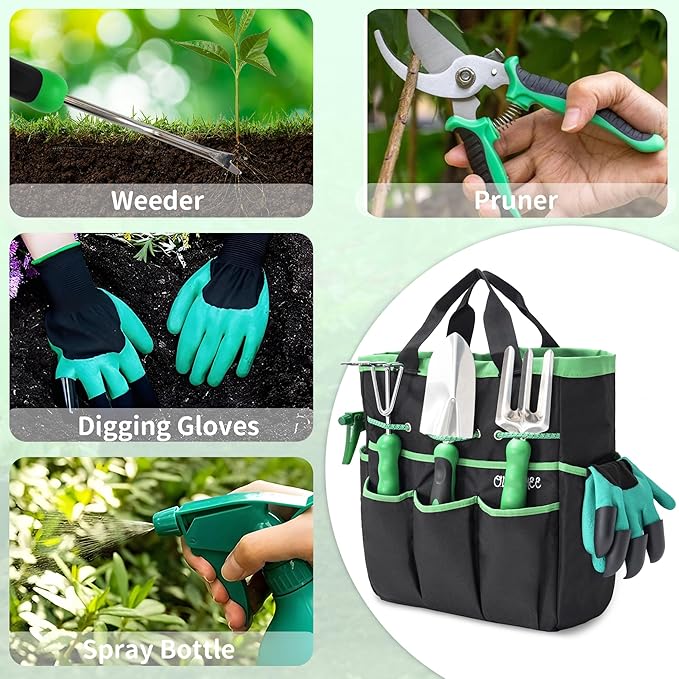 Garden Tool Set with Bag and Gloves, Heavy Duty Stainless Steel Gardening Tool Set, Ideal Gardening for Women and Men, Set of 9