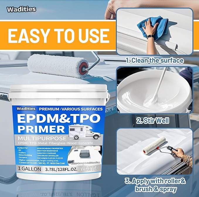 EPDM and TPO Primer White, Multi-Purpose RV Roof Primer, Use on Rubber, Wood, Fiberglass, Concrete, Metal, High-Performance Basecoat for RV, Camper and Trailer Roof Protection - 1 Gallon