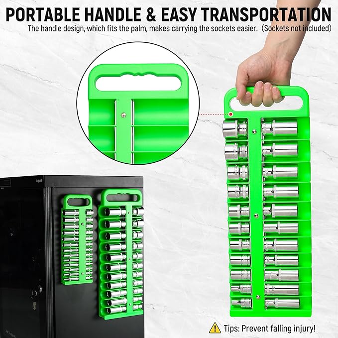 Magnetic Socket Organizer Set, 3-Piece Green Portable Magnetic Socket Holder Tray, Heavy Duty Socket Racks For 1/2-inch& 3/8-inch& 1/4-inch Drive, Hold 76 Sockets - Fit Shallow&Deep Sockets