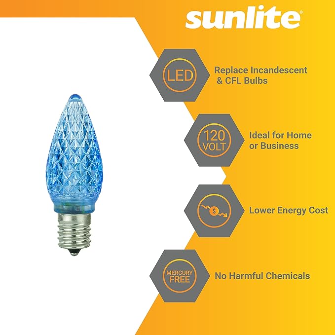 Sunlite 40463 LED C9, Holiday Decorative Light Bulb, 0.4 Watts, E17 Intermediate Base, Faceted Christmas-Lights; Nightlight, Blue, 24 Count