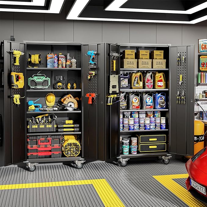 Greenvelly Metal Garage Storage Cabinet with Wheels, Black 72" Rolling Storage Cabinet with 2 Doors and Adjustable Shelves, Steel Tool Cabinets, Metal File Cabinets for Garage, Home Office