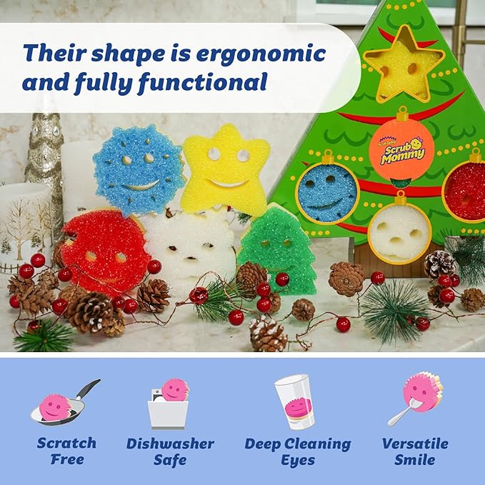 Scrub Daddy Scrub Mommy Holiday Christmas Tree Gift Box Set, Non-Scratch Christmas Cleaning Sponges for Kitchen, Dishes & Home, Dual-Sided Dish Sponges for Scrubbing, 10 Count (2 Pack of 5)