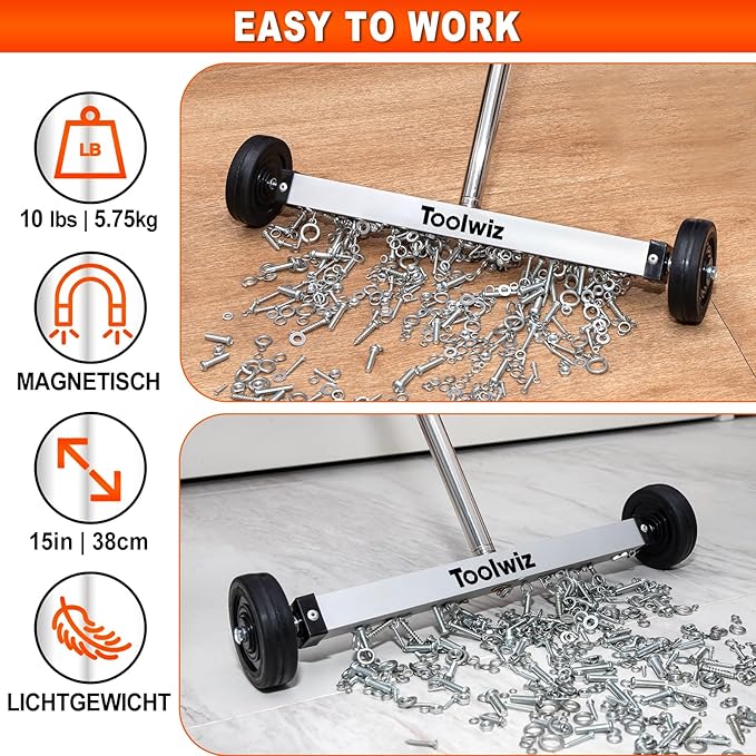 Toolwiz Magnetic Pick Up Sweeper 15-inch Heavy Duty Magnet Pickup Lawn Sweeper Roofing Tools, 10 Lbs Yard Tools with Telescoping Holder and Wheels to Clean Nails Adjustable Handle for Construction