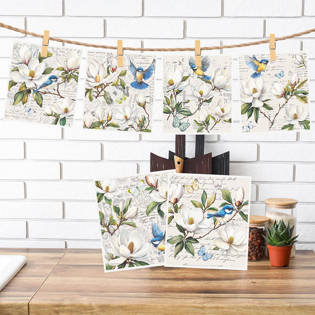 Floral and Birds Swedish Dishcloths for Kitchen, 6 Pack Vintage Flower Reusable Paper Hand Dishing Towels Housewarming Gifts, Absorbent Dish Rags Decoration for Home Cooking Cleaning