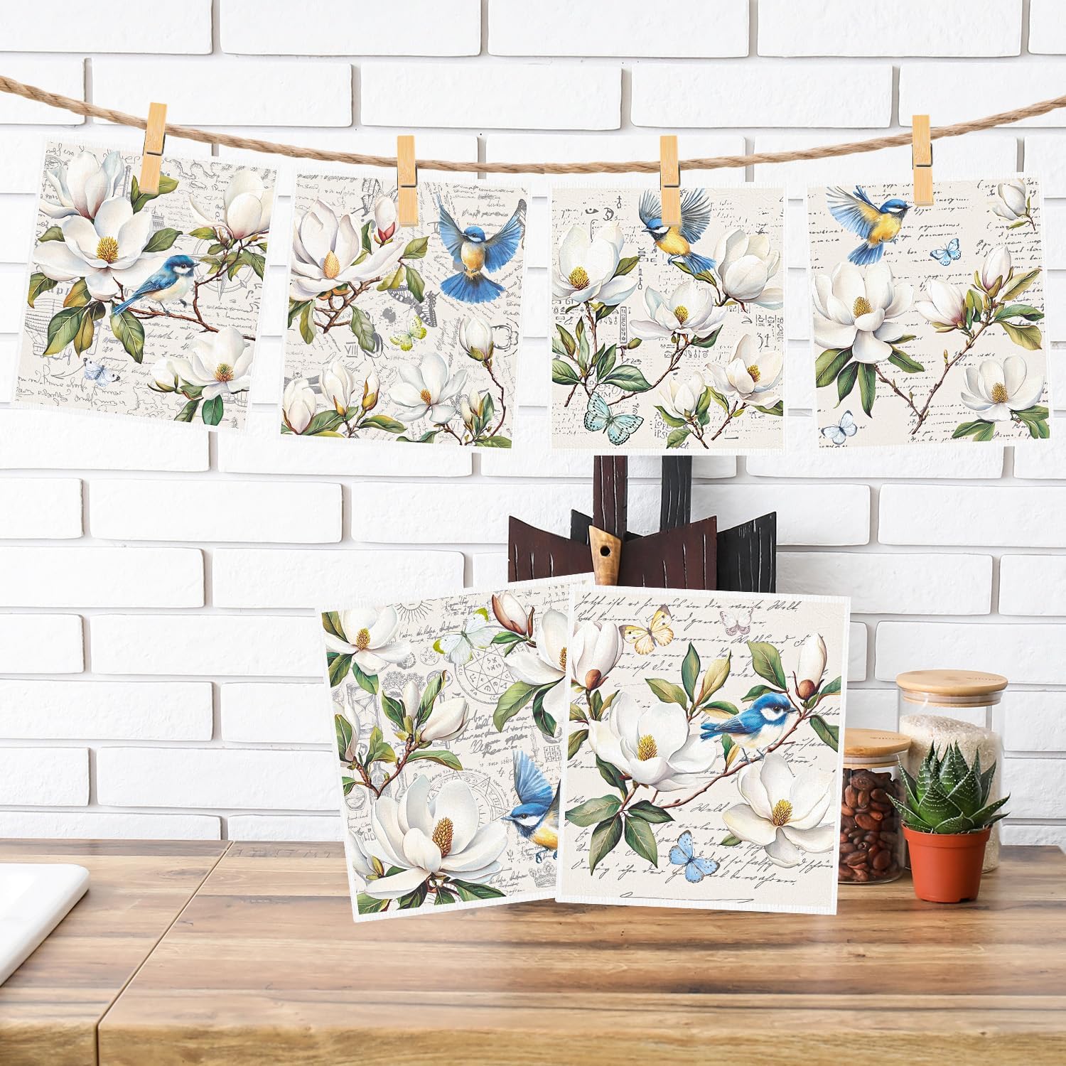 Floral and Birds Swedish Dishcloths for Kitchen, 6 Pack Vintage Flower Reusable Paper Hand Dishing Towels Housewarming Gifts, Absorbent Dish Rags Decoration for Home Cooking Cleaning