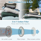 LDAILY Laundry Dryer, Electric Clothes Dryer with Timer, 2 Heating Options, 4 Drying Modes & Cold Air Care Function, Compact Dryer with Stainless Tub, Multi-layer Filtration for Home 1350W, White