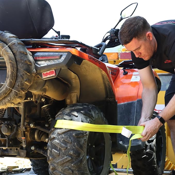 Adjustable Vehicle Tie Down Kit with Flat Hook Heavy Duty-Break Strength 10,000 lbs-Working Load 3333 lbs-2" x 10' Lasso Ratchet Straps for Car, Truck, UTV(Classic Yellow)