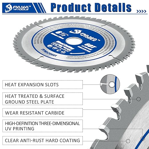 6-1/2-Inch 60-Tooth Circular Saw Blade,TCT ATB Framing Blade,20mm Bore(16mm Reduction Ring Included) for Wood Fast Cutting
