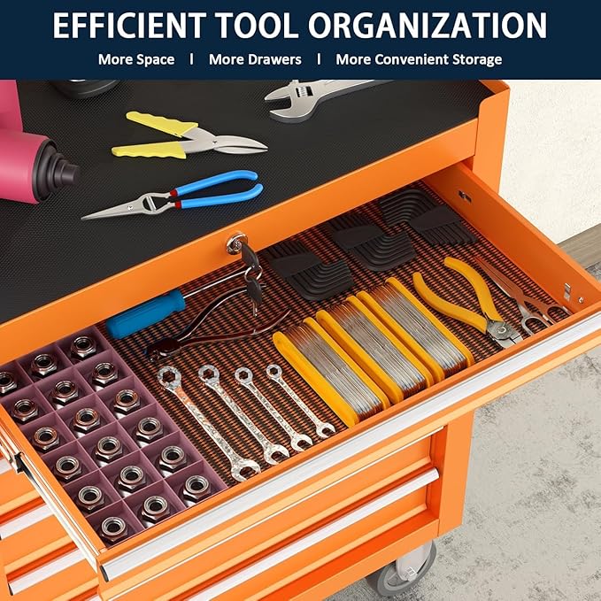 7-Drawer Metal Rolling Tool Chest with Wheels,Tool Storage Cabinet with Locking System，Toolbox with Wheels for Garage, Warehouse, Workshop, Repair Shop (Orange, 7-Drawer)