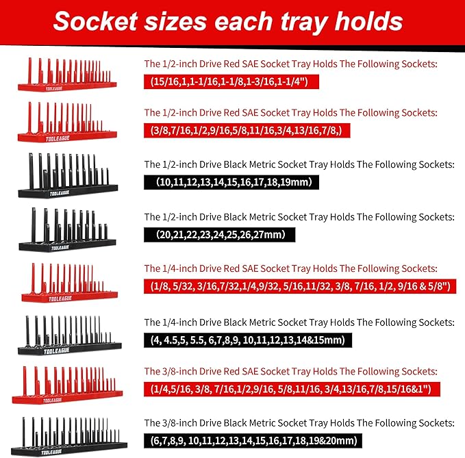 TOOLEAGUE 9Pcs Socket Organizer Tray and Magnetic Wrench Holder Set,Red SAE & Black Metric, 1/2", 1/4", 3/8" Socket Storage Trays for Tool Box Drawer