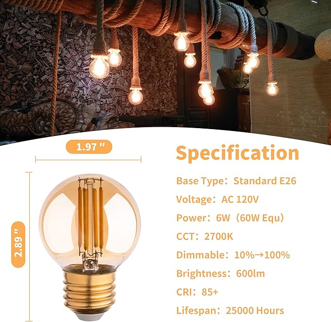 G16.5 Led Bulb, Small Round Edison Light Bulbs, E26 Dimmable Globe Amber Vanity Light Bulbs, 6w 2700k Vintage LED Filament Edison Bulb