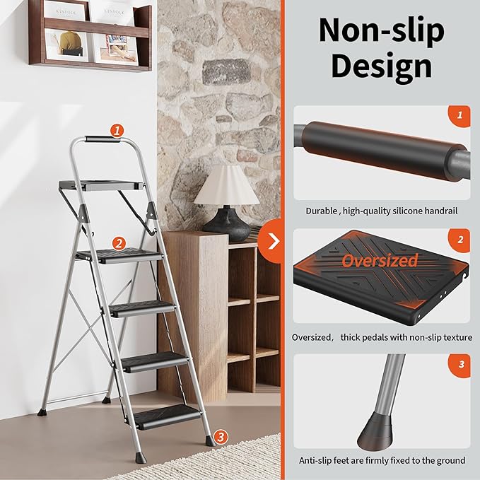 4 Step Ladder, Folding Step Stool with Tool Platform, Wide Anti-Slip Pedal and Anti-Slip Feet, Sturdiest Steel Construction, 900lbs Capacity Steel Ladder, Installation Free, Grey