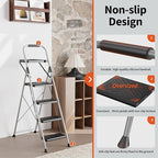 4 Step Ladder, Folding Step Stool with Tool Platform, Wide Anti-Slip Pedal and Anti-Slip Feet, Sturdiest Steel Construction, 900lbs Capacity Steel Ladder, Installation Free, Grey