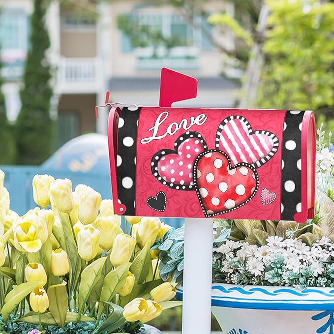 Kawani Valentine's Day Love Hearts Mailbox Covers Magnetic Red Pink and Black Polka Dots Mailbox Covers Magnetic Standard Size 21x18 Inch Holiday Post Letter Box Cover for Garden Yard Decor