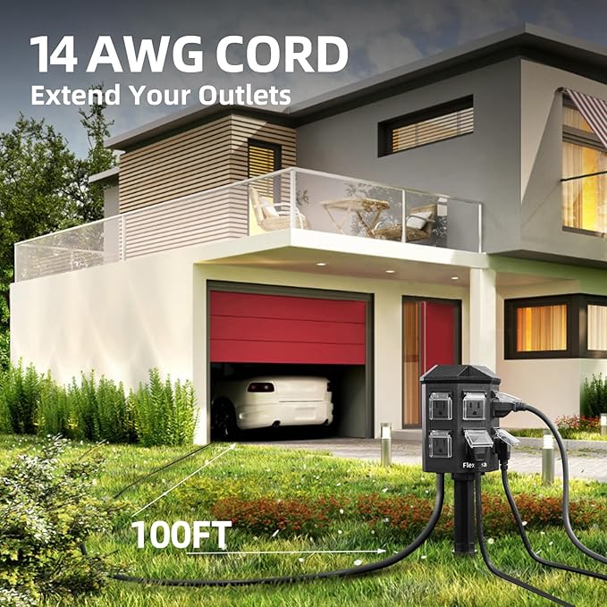 Outdoor Power Stake, 100 FT Extension Cord Waterproof, Independently Remote Control 3 Sets of Outlets, 6 Grounded Outlets for Garden, Patio, Outdoor Decor, ETL Listed