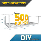 MonsterRax Overhead Garage Storage Racks 3x8’ (2-Pack) Ceiling Mounted Shelving, Adjustable Hanging Organizer, Heavy Duty Steel, Holds 500 Pounds, Color: White, Adjustable from 12"-21” off the Ceiling