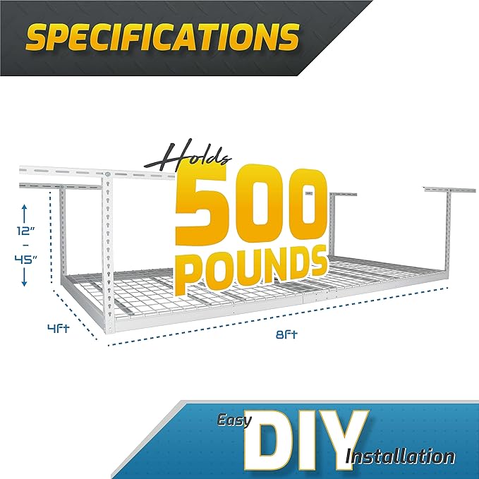MonsterRax Overhead Garage Storage Racks 3x8’ (2-Pack) Ceiling Mounted Shelving, Adjustable Hanging Organizer, Heavy Duty Steel, Holds 500 Pounds, Color: White, Adjustable from 12"-21” off the Ceiling