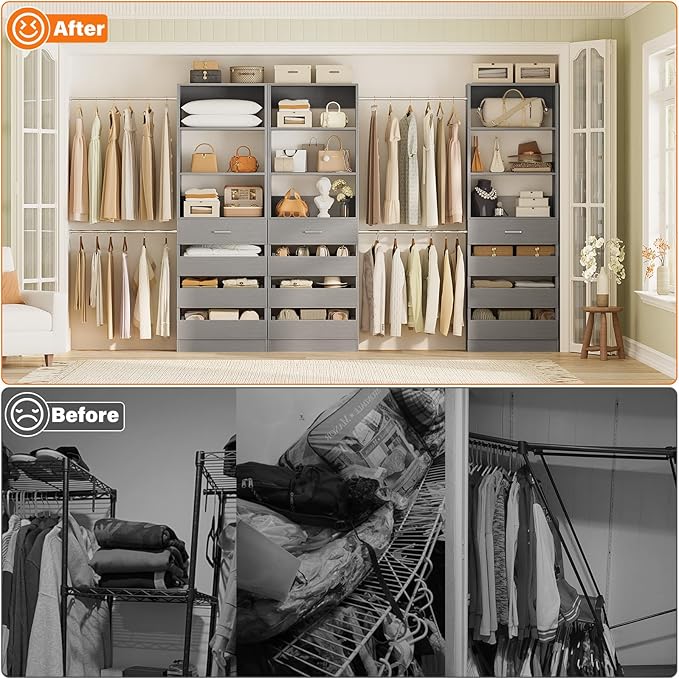 Aheaplus Closet System with 12 Drawers, 8.5-11.5Ft Wood Closet Organizer System with 4 Hanging Rods & 3 Towers, 4Ft & 6Ft L-Shaped Walk-in Closets Wardrobe Organizer Clothes Rack, Set of 3, Grey1
