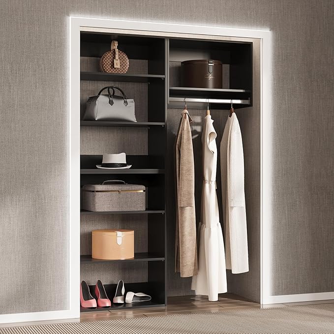 Modular Closet System, 46" Wide Closet Organizer System with Towers and Hanging, Wood Closet Tower Storage for Walk In Closets, Wall Mounted Wardrobe Organizer Kit System, Bedroom, Black