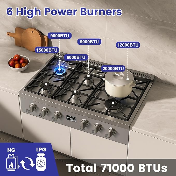 Awoco 36” Professional Stainless Steel Gas Cooktop, LPG/NG Convertible Gas Rangetop with 6 Sealed Burners, Stove top with cast iron grates Made in Italy & ETL Certified