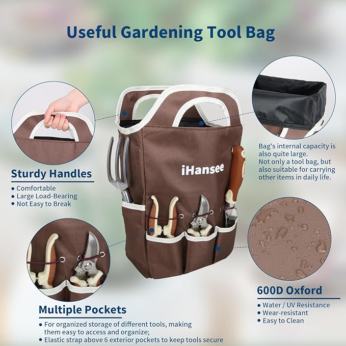 Brown Gardening Tools Set 12-Piece, Garden Hand Tool Kit with Non-Slip Ergonomic Handle, Storage Tote Bag, Garden Apron, Gloves and Kneeling Pad, Gardening Gifts for Women Men Plant Lover
