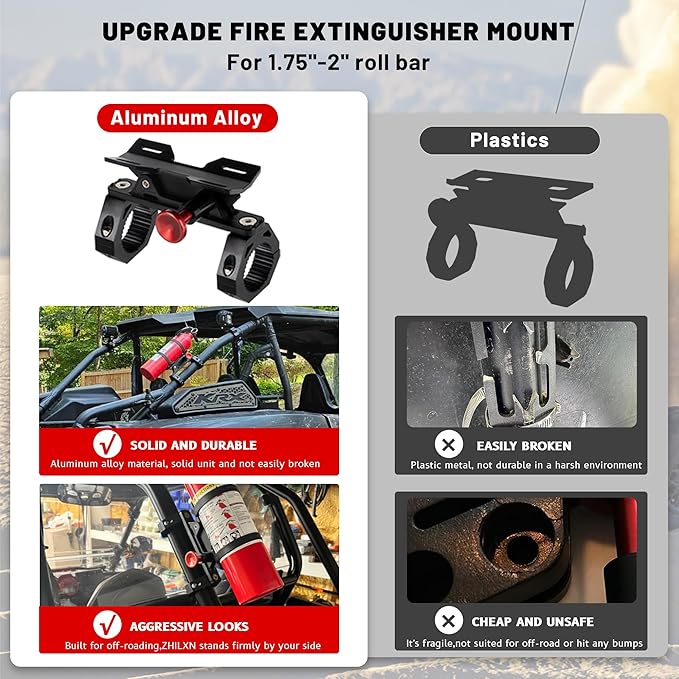 UTV Fire Extinguisher Mount Kit - Aluminum Adjustable Quick Release Roll Bar Car Fire Extinguisher Bracket Holder for 1.75-2in Roll Bar ATV UTV Polaris RZR SXS Ranger Camper Jeep Can-Am Durable