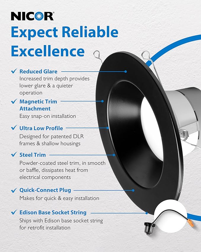 NICOR Lighting Recessed Ceiling Lights LED Downlight - Dimmable 5/6 inch LED Recessed Light Fixtures - Selectable CCT 2700K-5000K, 918 Lumens, 10.3W - DLR56 LED Retrofit Ceiling Light, Black, 12-Pk