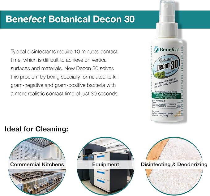 Benefect Botanical Decon 30 Disinfectant Cleaner, 4 oz. Spray Bottle, Light Lemon & Thyme Scent, Hospital Grade Disinfectant, Kills Over 99.99% of Germs, Safe for Food-Contact Surfaces (Pack of 4)