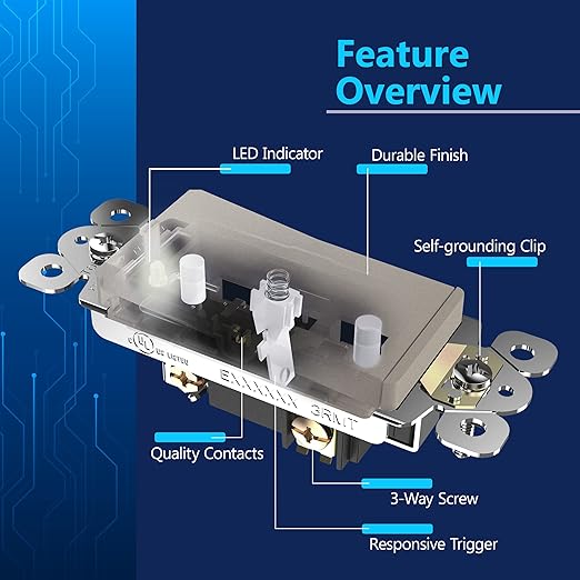 LIDER Minimalist Design Matte Finish Lighted Decorator Switch, Frameless Paddle Light Switch with Locator Light, Grounding Screw, 3-Way or Single Pole, 15A 120V, UL listed, LS15-3W-NK5P, Nickel 5 Pack