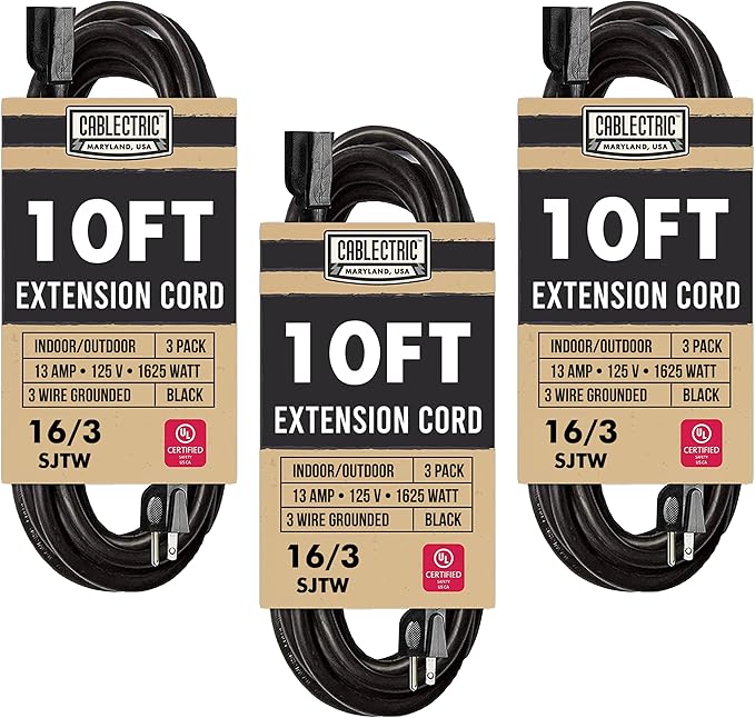 3 Pack of Black Extension Cord 10 ft, 16 Gauge Outdoor Extension Cord with 3 Prong, 16/3 SJTW Weatherproof 10ft Extension Cord for Indoor, Outdoor, Lawn Mower, Landscaping, Home, Office
