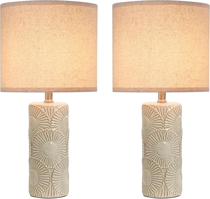 20.75" White Ceramic Lamps Set of 2 with Floral Design, Farmhouse White Table Lamp for Living Room, Bedroom, Beige Lamps for Nightstands Set of 2
