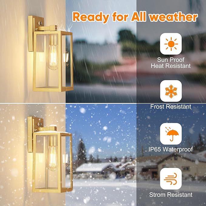 PARTPHONER Gold Dusk to Dawn Outdoor Lights for House Wall Mount, Sensor Exterior Lighting Fixtures set of 2, Anti Rust Wall Sconce Lamp, Waterproof Wall Lantern for Doorway, Garage, WTWL181AJ2