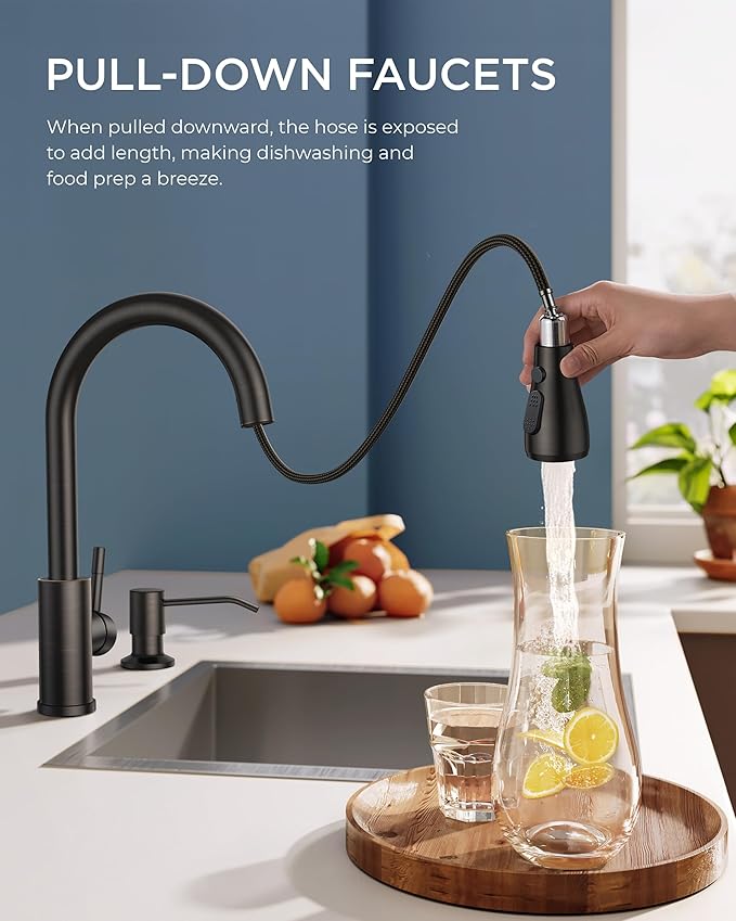 FORIOUS Kitchen Faucet with Soap Dispenser, Single Handle Stainless Steel Transitional Sink Faucet with Pull Down Sprayer 1 or 3 Hole, Suitable for Farmhouse Laundry Camper RV Bar, Oil Rubber Brown